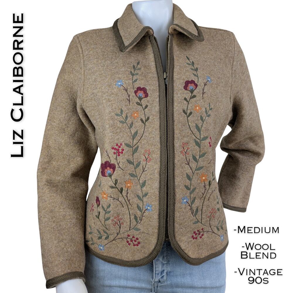 Liz Claiborne Embroidered Floral Wool Folk Jacket Medium Tan Full Zip 90s VTG